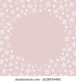 Snowflake Round Frame. Beautiful Winter Holiday Background. Christmas Greeting Card Template. Invitation. Free Space for Your Text. Vector Illustration in Pink, White