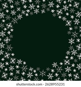 Snowflake Round Frame. Beautiful Winter Holiday Background. Christmas Greeting Card Template. Invitation. Free Space for Your Text. Vector Illustration in Black, White