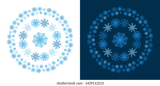 Snowflake round frame  on white and blue background. Vector illustration. Can be used for greeting card, invitation, banner, web