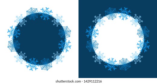 Snowflake round frame  on white and blue background. Vector illustration. Can be used for greeting card, invitation, banner, web