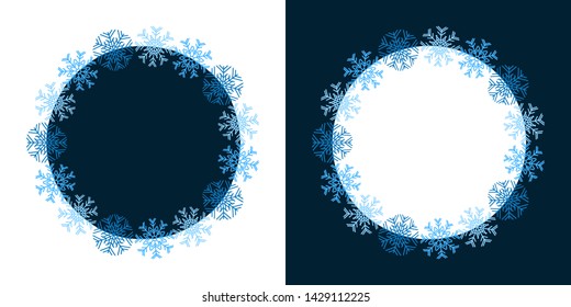 Snowflake round frame  on white and blue background. Vector illustration. Can be used for greeting card, invitation, banner, web