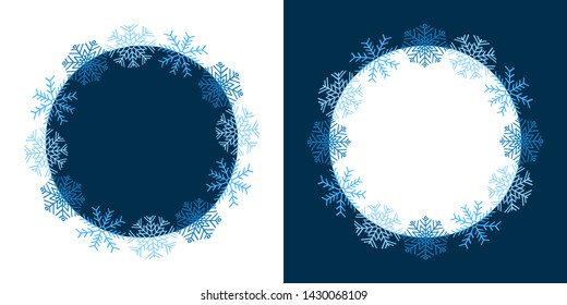 Snowflake round frame  on white and blue background. Vector illustration. Can be used for greeting card, invitation, banner, web