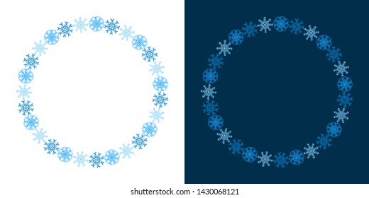 Snowflake round frame  on white and blue background. Vector illustration. Can be used for greeting card, invitation, banner, web