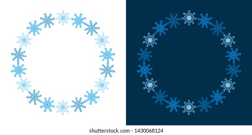 Snowflake round frame  on white and blue background. Vector illustration. Can be used for greeting card, invitation, banner, web