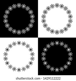 Snowflake round frame set on white and black background. Vector illustration. Can be used for greeting card, invitation, banner, web