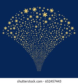 Snowflake salute stream. Vector illustration style is flat yellow iconic symbols on a blue background. Object stream fountain done from random pictograms.