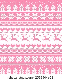 snowflake scandinavian pattern vector, deer and christmas tree. pink background