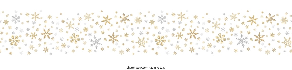 Snowflake seamless border background. Vector pattern with small gold and silver snowflakes on white. Christmas, New year, winter holidays theme. Design template for banner, greeting card, web, print