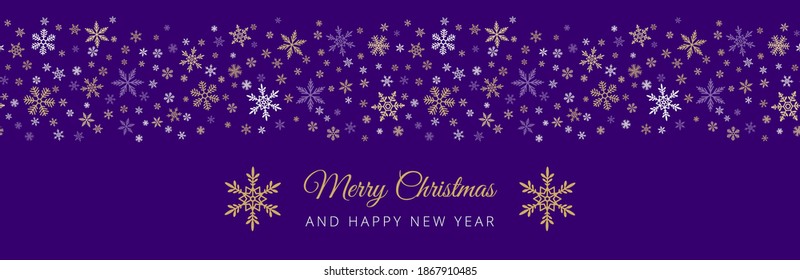 Snowflake seamless border background. Wide vector pattern with small gold and silver snowflakes on purple backdrop. Merry Christmas and Happy New year header. Design for banner, greeting card, website