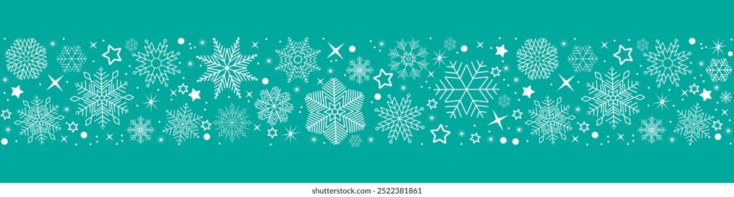 Snowflake seamless border. Christmas and Happy New Year background. Simple hanging christmas snowflake seamless border .Holiday christmas decoration. New Year seamless banner