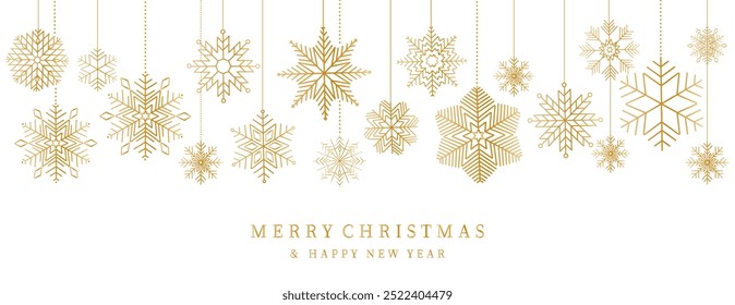 Snowflake seamless border. Christmas and Happy New Year background. Simple hanging christmas snowflake seamless border .Holiday christmas decoration. New Year seamless banner