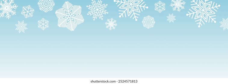 Snowflake seamless border. Falling snowflakes background . Christmas decoration with falling snow. Marry Christmas and Happy New Year background. Winter seamless border.