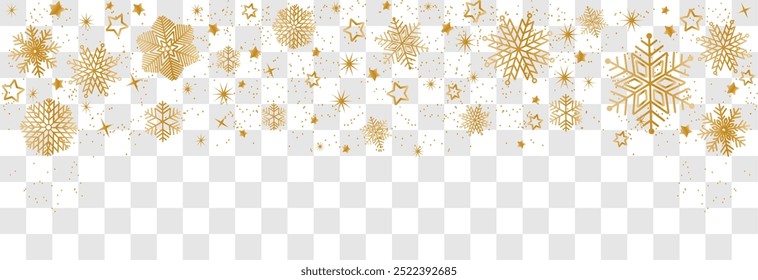 Schneeflocke nahtlose Grenze. Goldener Glitzerhintergrund mit fallenden Glitzerkonfetti und Schneeflocken. Luxuriöses Konfetti. Goldglitzer im Sturz. Goldene Funken stauben. Weihnachtlicher Hintergrund.