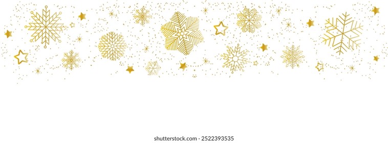 Floco de neve com borda sem costura. Fundo brilhante dourado com confete de brilho caindo e flocos de neve. Confecto brilhante de luxo. Brilho de ouro caindo. Fagulhas douradas de poeira. Fundo de Natal.