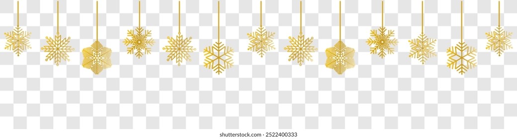 Snowflake seamless border. Golden glitter background with falling glitter confetti and snowflakes. Simple hanging golden christmas snowflake seamless border . Christmas background.