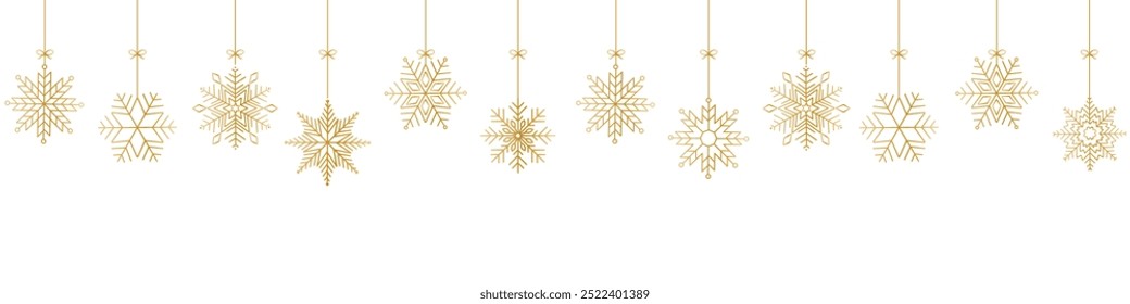 Snowflake seamless border. Golden glitter background with falling glitter confetti and snowflakes. Simple hanging golden christmas snowflake seamless border . Christmas background.