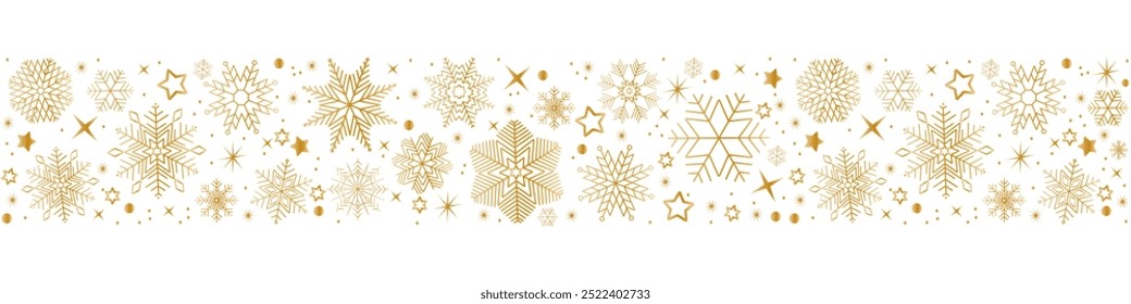 Snowflake seamless border. Golden glitter background with falling glitter confetti and snowflakes. Simple hanging golden christmas snowflake seamless border . Christmas background.