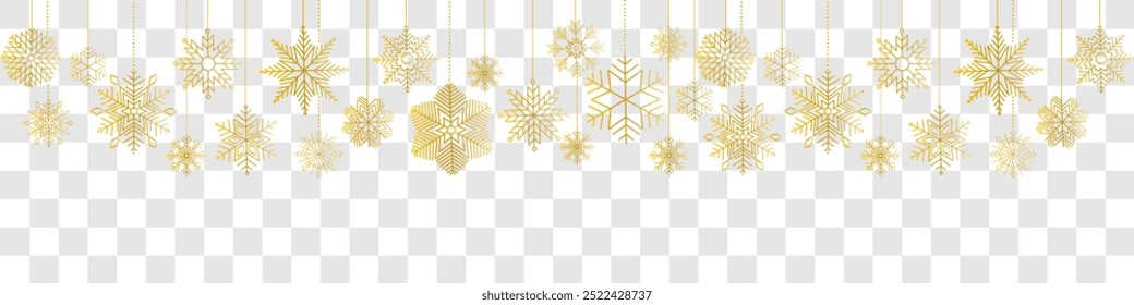 Snowflake seamless border. Golden glitter background with falling glitter confetti and snowflakes. Simple hanging golden christmas snowflake seamless border . Christmas background.
