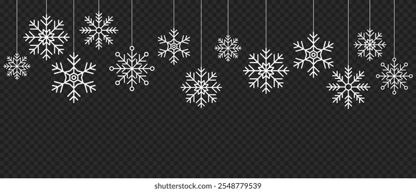 Floco de neve com borda sem costura. Simples floco de neve pendurado. Decorações penduradas em flocos de neve. Tema de feriados de inverno. Ilustração vetorial