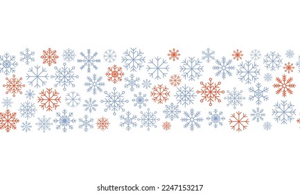 Snowflake seamless border. Snowflakes seamless pattern. Snowfall repeat backdrop. Winter holidays theme. Seamless background with snowflakes. Vector illustration