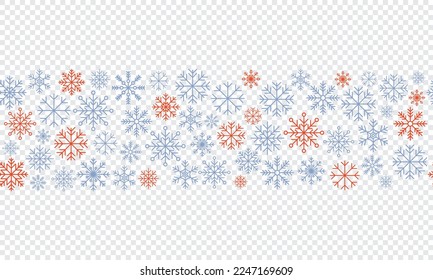 Snowflake seamless border. Snowflakes seamless pattern. Snowfall repeat backdrop. Winter holidays theme. Seamless background with snowflakes. Vector illustration
