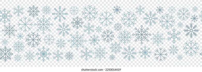 Snowflake seamless border. Snowflakes seamless pattern. Snowfall repeat backdrop. Winter holidays theme. Seamless background with snowflakes. Vector illustration
