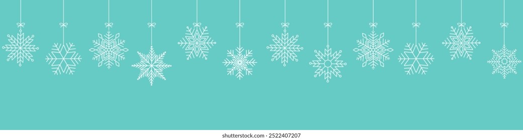 Snowflake seamless border. Winter background with falling snowflakes. Simple hanging white christmas snowflake seamless border . Christmas background.