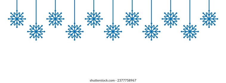 Snowflake seamless border.Hanging snowflake garland.Set of simple blue snoflakes. Christmas decoration.Winter snowflakes seamless border.