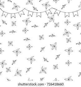 Snowflake seamless pattern. Black snow and flag garland on white. Abstract wallpaper, wrapping decoration. Symbol of winter, Merry Christmas holiday, Happy New Year celebration Vector illustration.