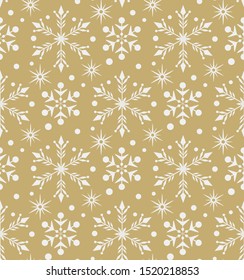 Snowflake seamless pattern. Christmas pattern in vintage style. Textile design texture. Gold color. Wrapping paper design. Vector image