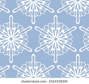 Snowflake seamless pattern design. Graphic blue background with snowflake elements. Cold natural color palette. Repetitive illustration. Winter wallpaper art.