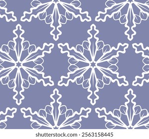 Snowflake seamless pattern design. Graphic background with snowflake elements. Cold natural color palette. Repetitive illustration. Winter wallpaper art.