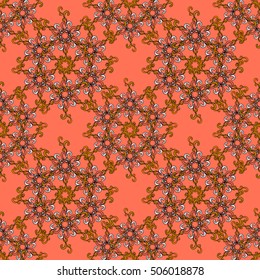 Snowflake seamless pattern. Flat design with abstract snowflakes on brown background. Vector snowflakes background.