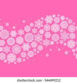 Snowflake seamless pattern. Flat design with abstract snowflakes isolated on pink background. Snowflakes pattern. Vector snowflakes background.