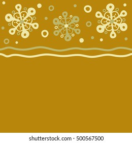 Snowflake seamless pattern. Horizontal flat design with abstract snowflakes isolated on yellow background. Snowflakes pattern with copy space (place for your text). Vector snowflakes background.