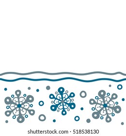 Snowflake seamless pattern. Horizontal flat design of blue snowflakes isolated on white background. Snowflakes pattern with copy space (place for your text). Vector snowflakes background.