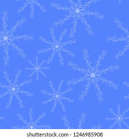 Snowflake seamless pattern on blue background. Snowflakes consist of hand drawn floral elements. Abstract wallpaper, wrapping decoration. Vector illustration.