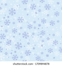 Snowflake Seamless Pattern On Blue Background. Hand Drawn Vector Illustration.