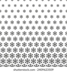 Snowflake seamless pattern. Repeating black fading snowflakes isolated on white background. Repeated fadew halftone texture. Gradation faded prints. Repeat lattice. Fades degrade. Vector illustration