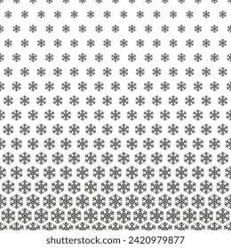 Snowflake seamless pattern. Repeating black fading snowflakes isolated on white background. Repeated fadew halftone texture. Gradation faded prints. Repeat lattice. Fades degrade. Vector illustration