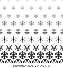 Snowflake seamless pattern. Repeating fades degrade snowflakes background. Repeated fadew geometric texture. Gradation faded geometry prints. Cute fading crystal. Repeat lattice. Vector illustration