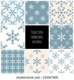 Snowflake seamless pattern set. Christmas and new year holiday backdrop. Winter background collection. Texture for prints textile and paper.