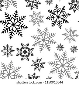 Snowflake seamless pattern. Snow on white background. Abstract wallpaper, wrapping decoration. Symbol winter, Merry Christmas holiday, Happy New Year celebration Vector illustration.