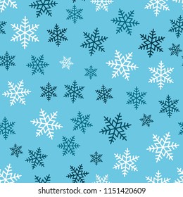 Snowflake seamless pattern. Snow on blue background. Abstract wallpaper, wrapping decoration. Symbol winter, Merry Christmas holiday, Happy New Year celebration Vector illustration