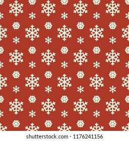 Snowflake seamless pattern. Snow on red background. Abstract wallpaper, wrapping decoration. Symbol winter, Merry Christmas holiday, Happy New Year celebration Vector illustration
