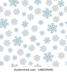 Snowflake seamless pattern. Snow on white background. Abstract wallpaper, wrapping decoration. Symbol winter, Merry Christmas holiday, Happy New Year celebration Vector illustration