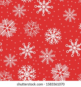 Snowflake seamless pattern. Snow on red background. Abstract wallpaper, wrapping decoration.  Merry Christmas holiday, Happy New Year celebrat