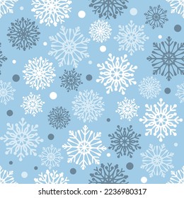Snowflake seamless pattern. Snow pattern with snowflakes. Festive Christmas and New Year background. Winter vector stock illustration