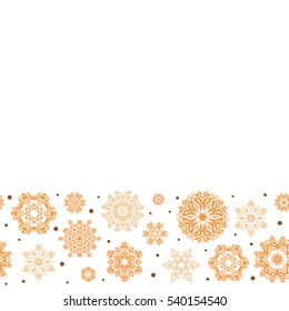 Snowflake seamless pattern. Snowflakes pattern with place for your text. Vector snowflakes background. Horizontal flat design of brown, beige and orange snowflakes isolated on white background.