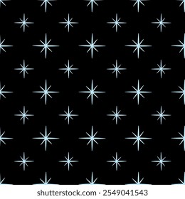 Patrón sin costuras de copo de nieve. Copos de nieve o estrellas sobre un fondo negro. Ilustración vectorial para la tela, moda, Fondo de pantalla, tarjeta, fondo, embalaje, papel de embalaje, ropa de cama